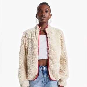 Mother Jeans Funnel Neck Zip Teddy Fleece Jacket Cream